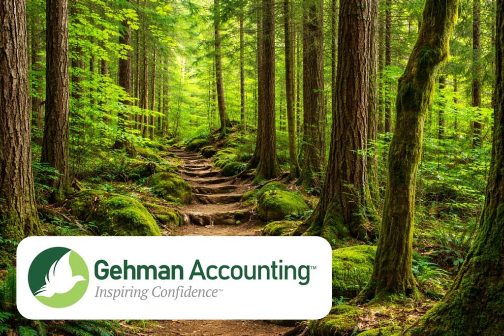 Gehman Accounting logo over a forest trail with stone steps