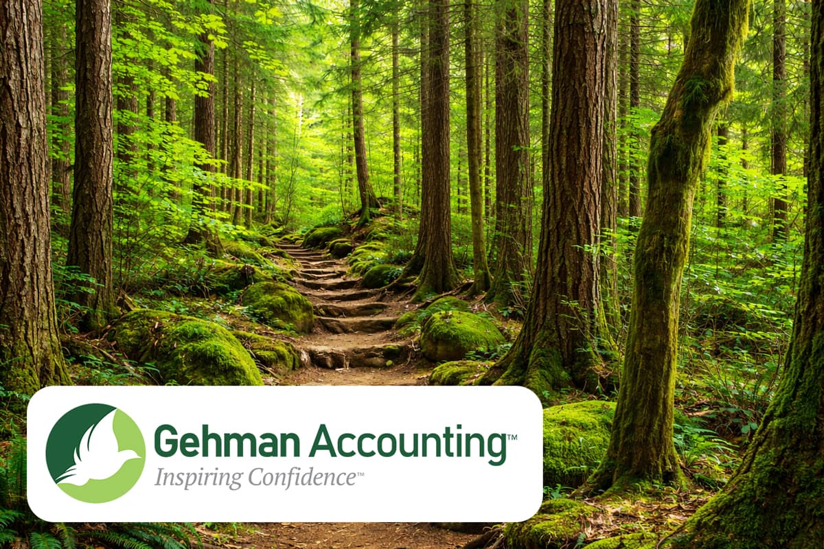 Gehman Accounting logo over a forest trail with stone steps